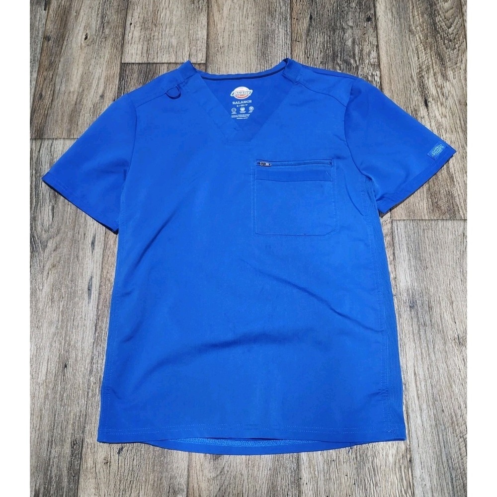 Dickies Scrub Top Balance V Neck Blue Zipper Pocket Unisex Small Flex Stretch